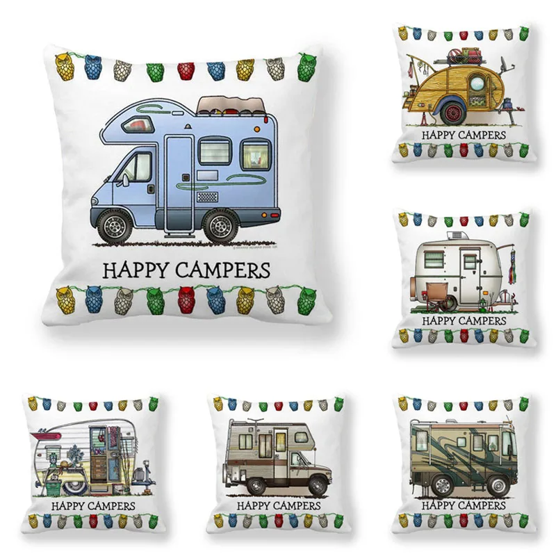 Funda de almohada Happy Camper, funda de almohada decorativa con diseño de búho y Camper, funda de almohada para coche, Hoofdkussen Almohada