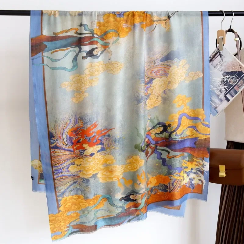 High-end Elegant Women Fine Dunhuang Flying Fairy Print Quality Water Soluble Wool Handmade Fringe Soft Warm Long Scarf Shawl