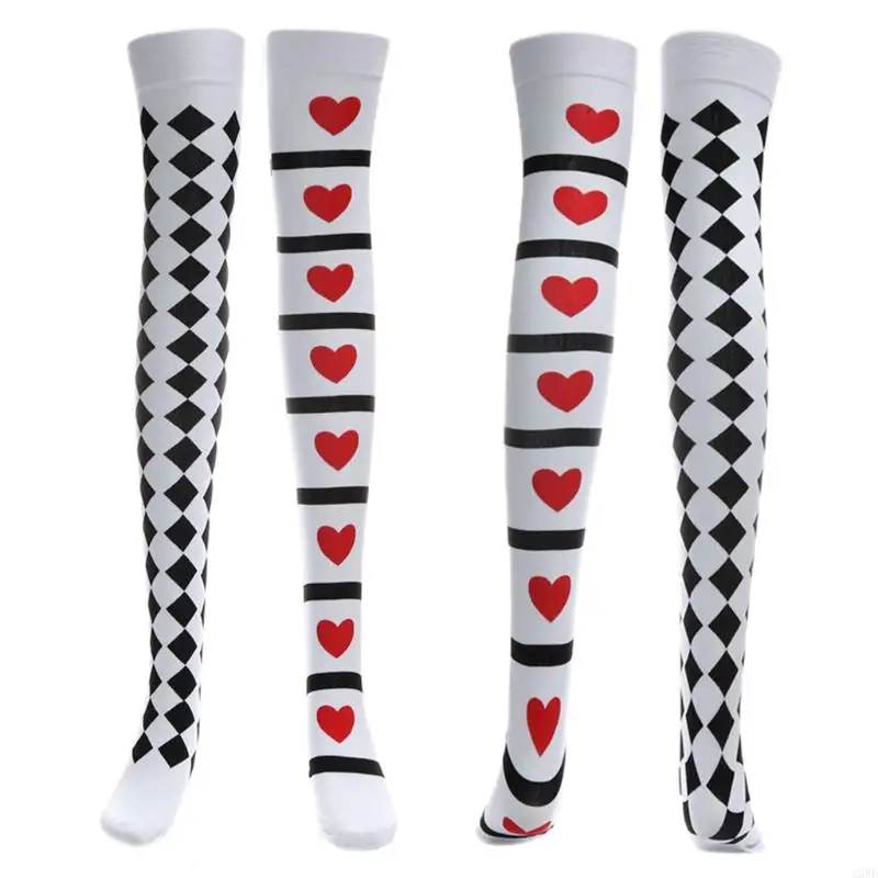 A9BF Card Suit Print Thigh High Stockings Cosplay Costume Long Socks Halloween