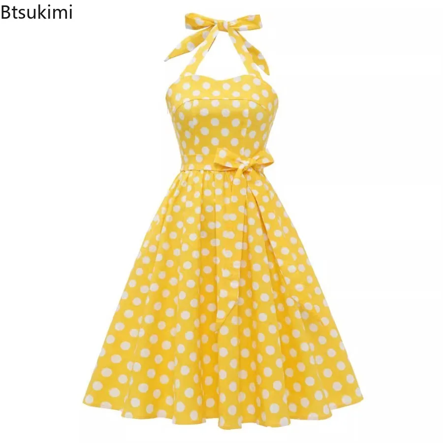 レディースヴィンテージ水玉Aラインロングドレスホルターレースアップバックレスハイウエストパーティードレスノースリーブカクテルフォーマルドレス