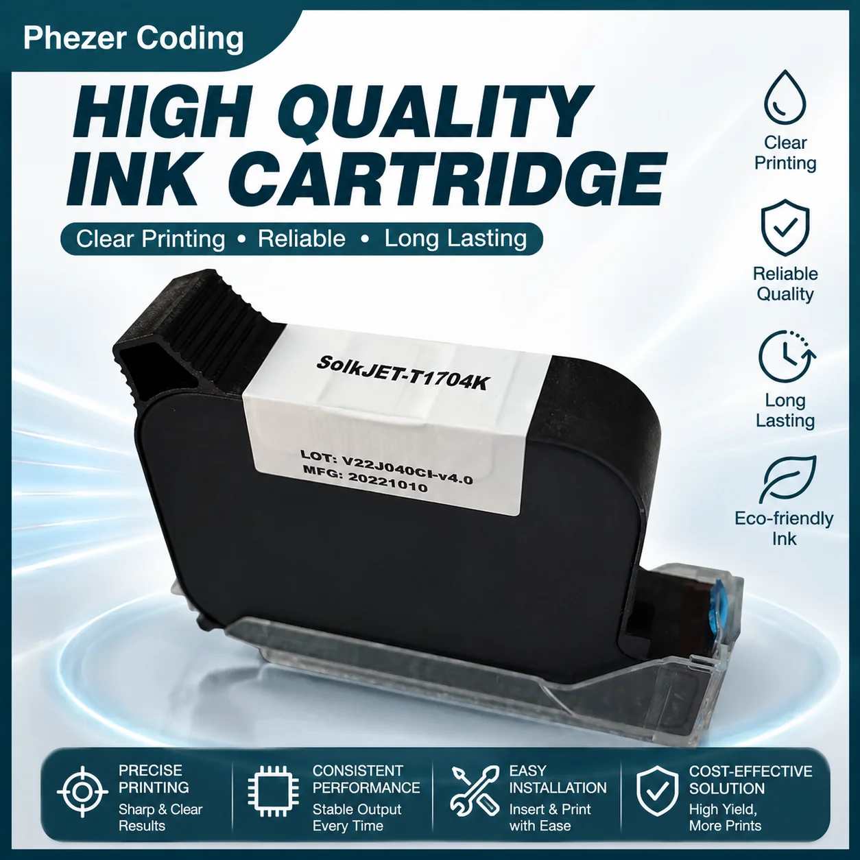 Phezer Original SOLKJET 1704K Solvent Ink Cartridge 12.7mm A Level Quick Dry High Adhesion Handheld Inkjet Coding Printer
