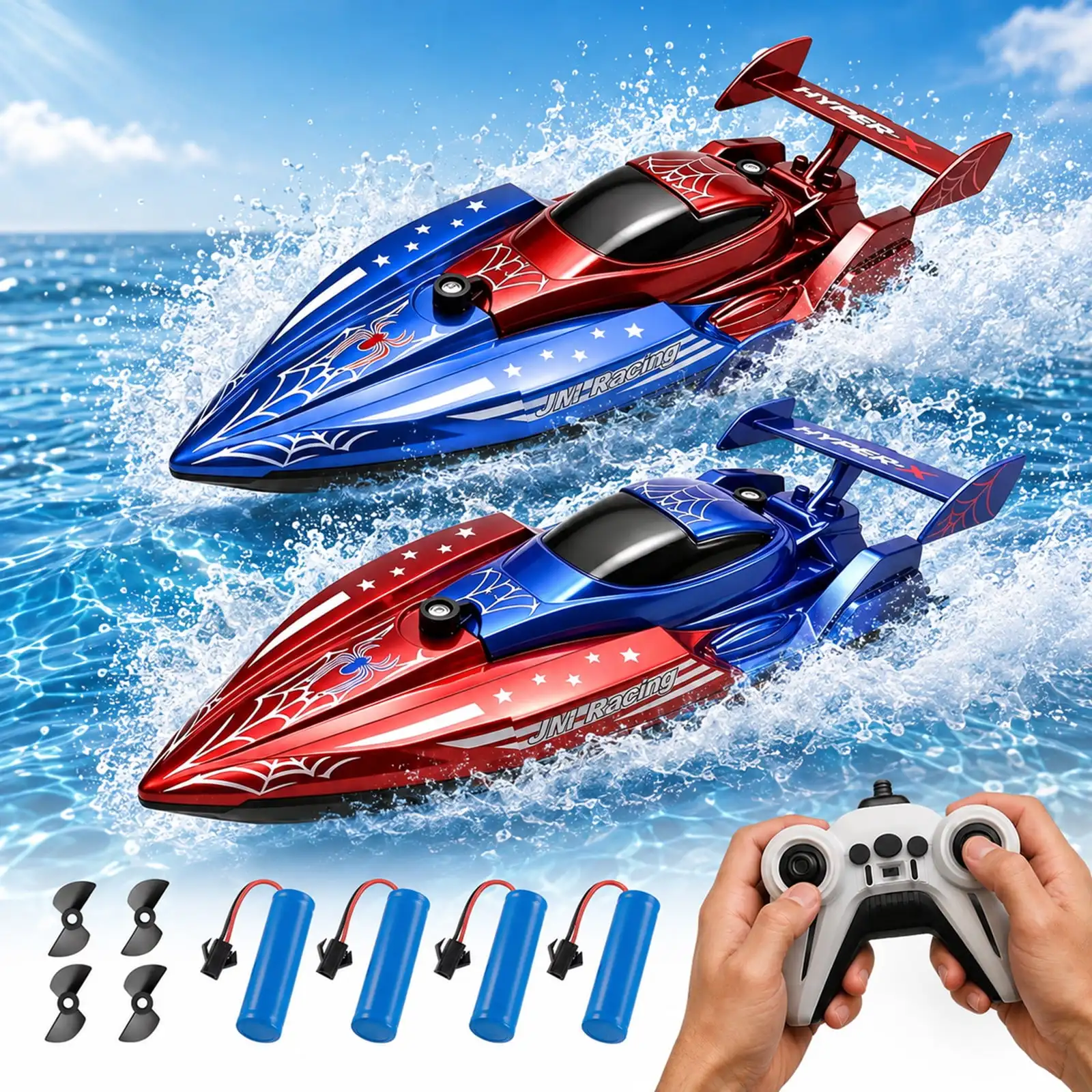 2 Pack Spider RC Boat 2.4GHz Remote Control Racing Boat Dual Motor High Speed Rechargeable Water Toy for Pool Lake Kids Boys