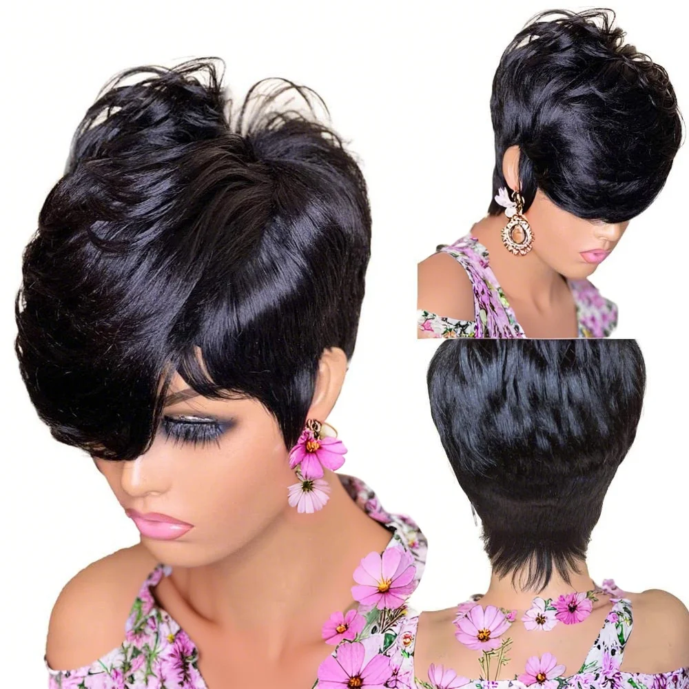 

Short Pixie Cut Straight Human Hair Wigs Bob Wig For Women Natural Color Human Hair Machine Made Wig