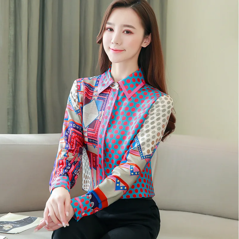 # 3158 Dot bedrukt satijnen overhemd slim fit vintage shirt met lange mouwen dames elegant kantoor dames tops en blouses polokraag lente