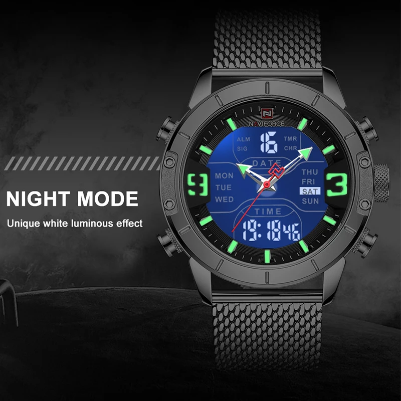 NAVIFORCE Men\'s Watches Fashion Sports Dual Display Watch Stainless steel Waterproof Military LED Digital Alarm Clock Wristwatch