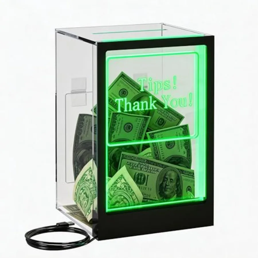 

Light Up Tip Jar with LED Lights and Remote, Lockable Suggestion Box with 2 Sign Holders Tips Thank You and Blank DIY,USB Power