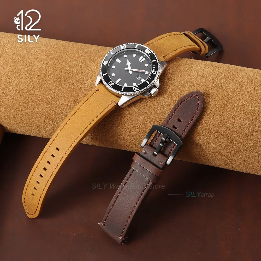  18mm 19mm 20mm 21mm 22mm 24mm Crazy Horse Cowhide Matte Leather Band Head Layer Cowhide Strap Universal Quick Release Bracelet