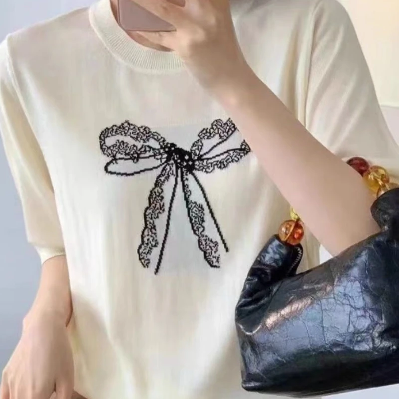 2024 New Summer Youth Style Commuting Minimalist Versatile Loose Knitted Short Sleeve Round Neck Tied Flower Women's T-shirt Top