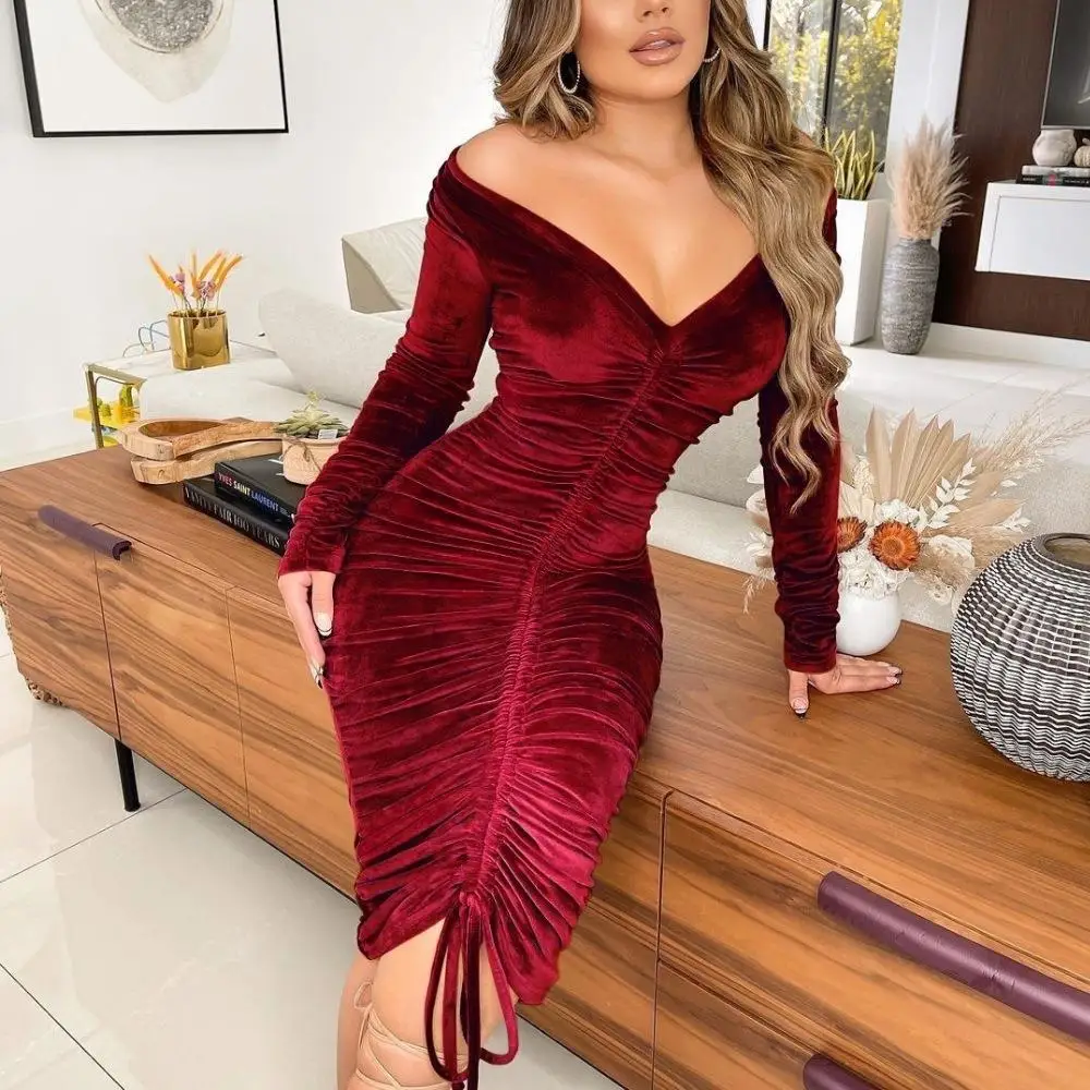 

TTDD002 Осень-зима Женское платье средней длины на одно плечо V-Ne Сексуальное плиссированное длинное платье с высокой талией CiWalk Faion