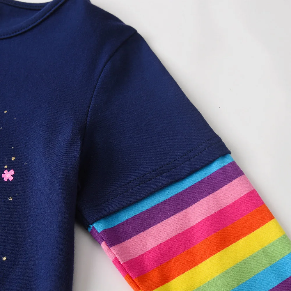 VIKITA Mädchen-T-Shirts mit Schmetterlings-Cartoon-Druck, Marineblau, für Kinder, Baumwolle, lässig, täglich, gestreift, langärmelig, O-Ausschnitt, Kinderkleidung – Detail 7