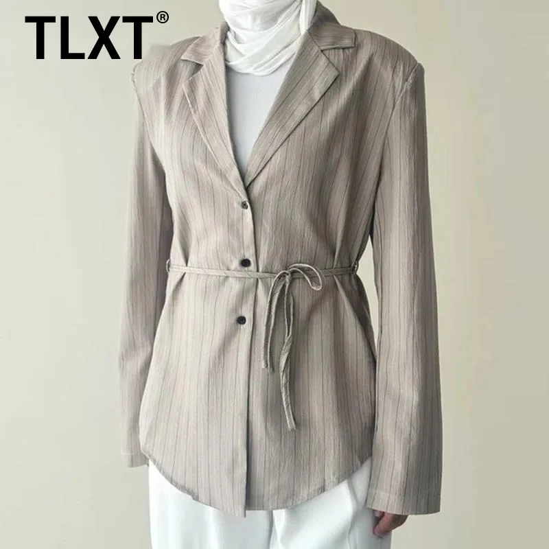 

TLXT Elegant Lace-up Gathered Waist Blazers For Women Single Breasted Office Lady Fit Jackets Female Coat 2025 Autumn New XK1396