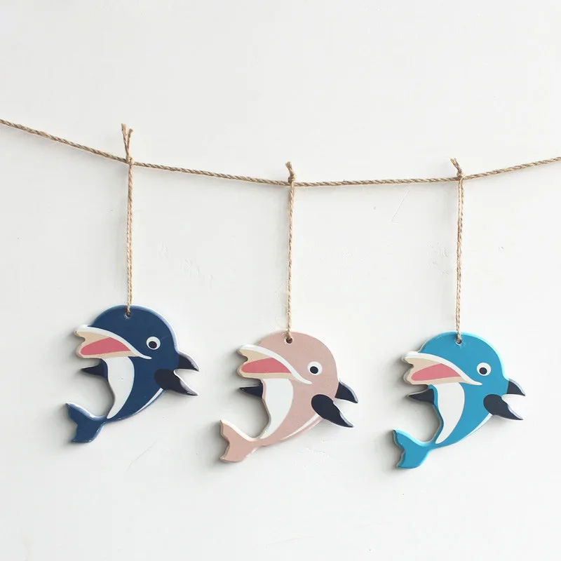 Mediterranean Style Cartoon Wooden Hippocampal Mini Dolphin Starfish Ornament Home Accessories Crafts Hanging Pendant Decor Gift