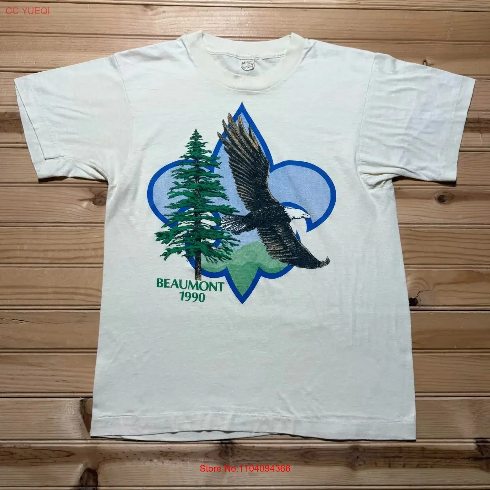 Camiseta Vintage de 1990 del Personal del Campamento Beaumont de Boy Scouts con Diseño de Águila y Árbol, Talla Mediana, Lavado Vintage, para Uso Diario, Ropa de Diseñador