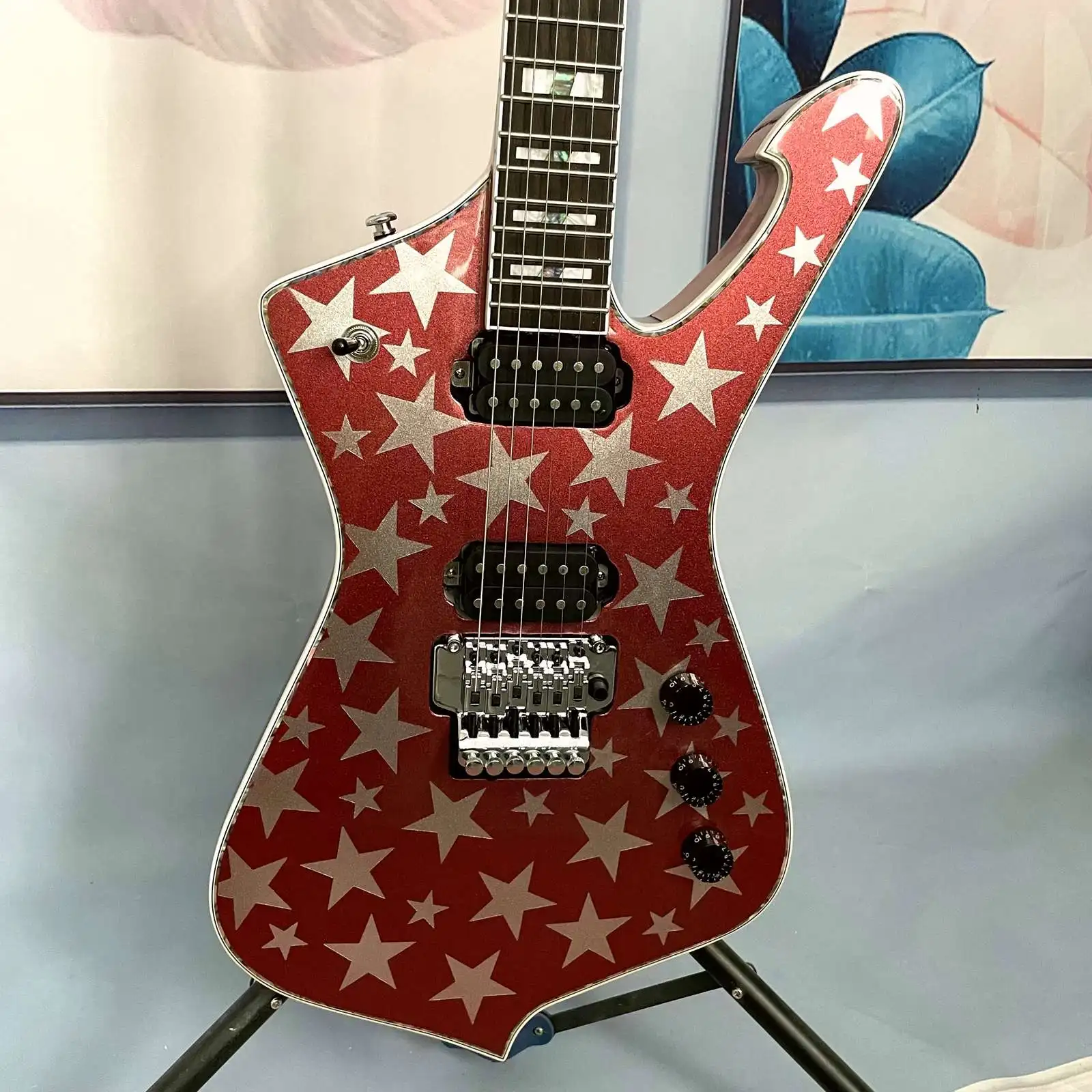 

High Quality 6 Strings Metallic Red Iceman Electric Guitar 2H Pickups White Star Solid Body Rosewood Fingerboard FR Bridge