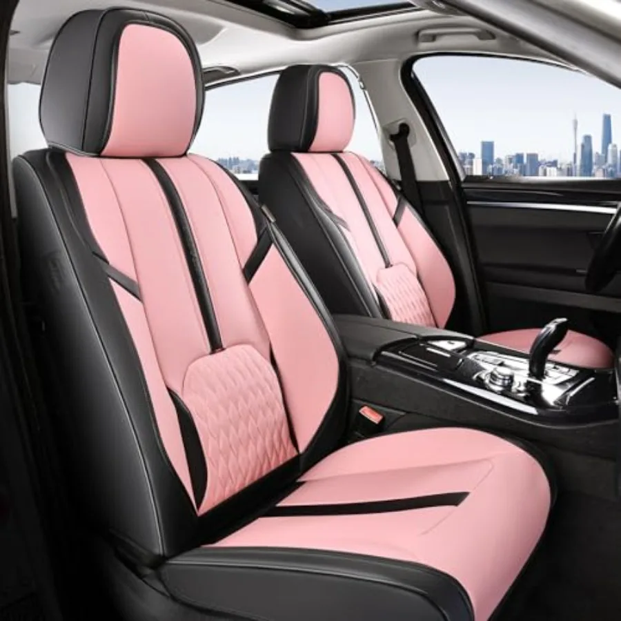 

Front Seat Car Seat Covers Leather Waterproof Universal Fit for Most Cars SUV Trucks Black Pink