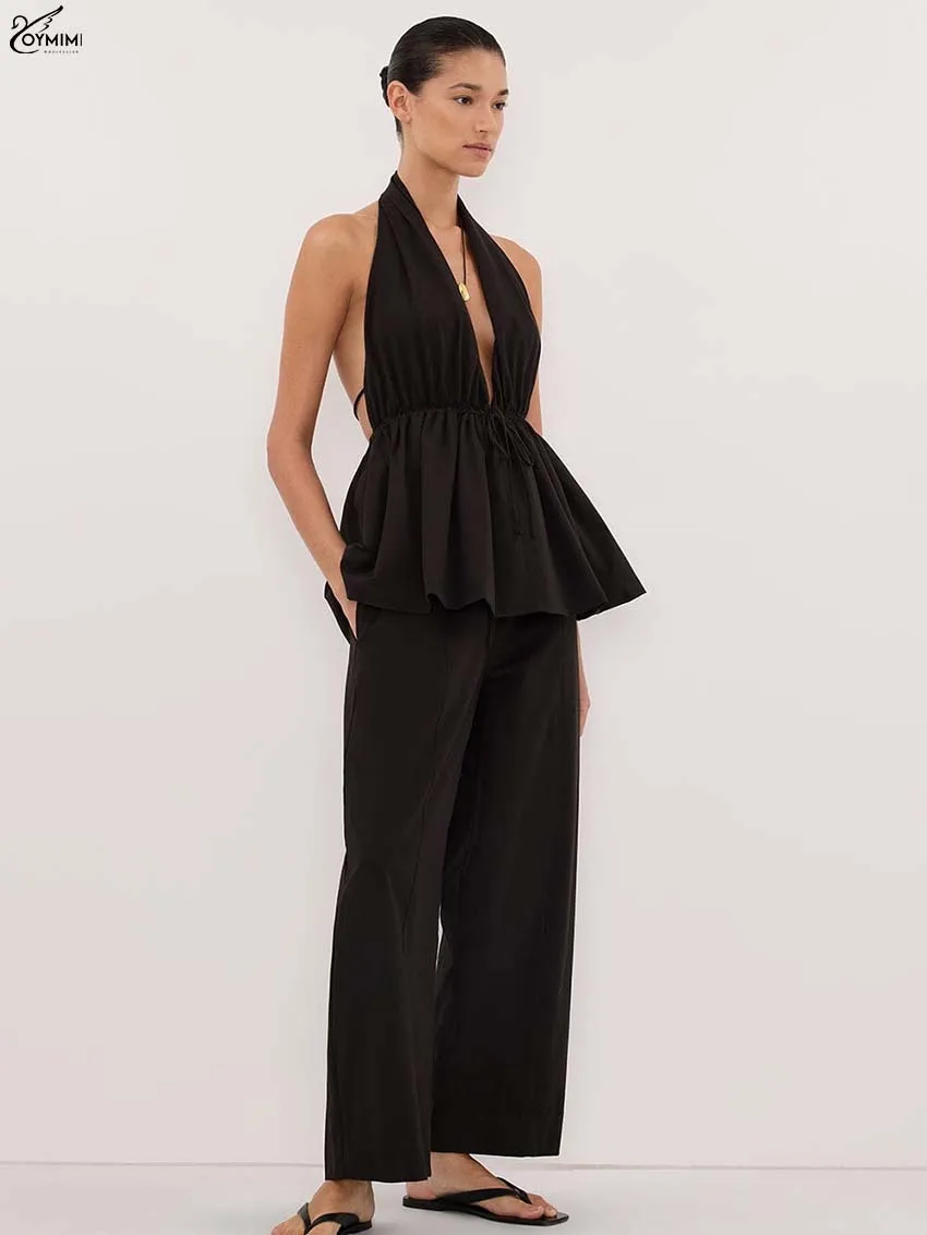 Oymimi Fashion Black Cotton 2 Pieces Set For Woman Elegant V-Neck Sleeveless Open Back Lace-Up Tops And Straight Trousers Sets