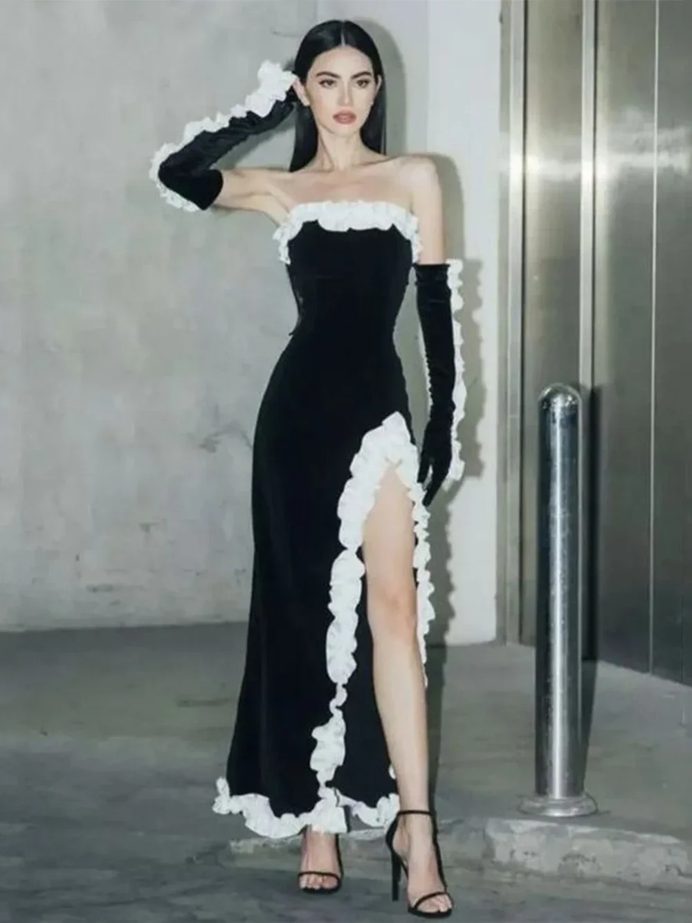 

2024 Summer New Women's Sexy Strapless High Split Ruffle Edge Long Dress Bodycon Celebrity Party Cocktail Evening Dress