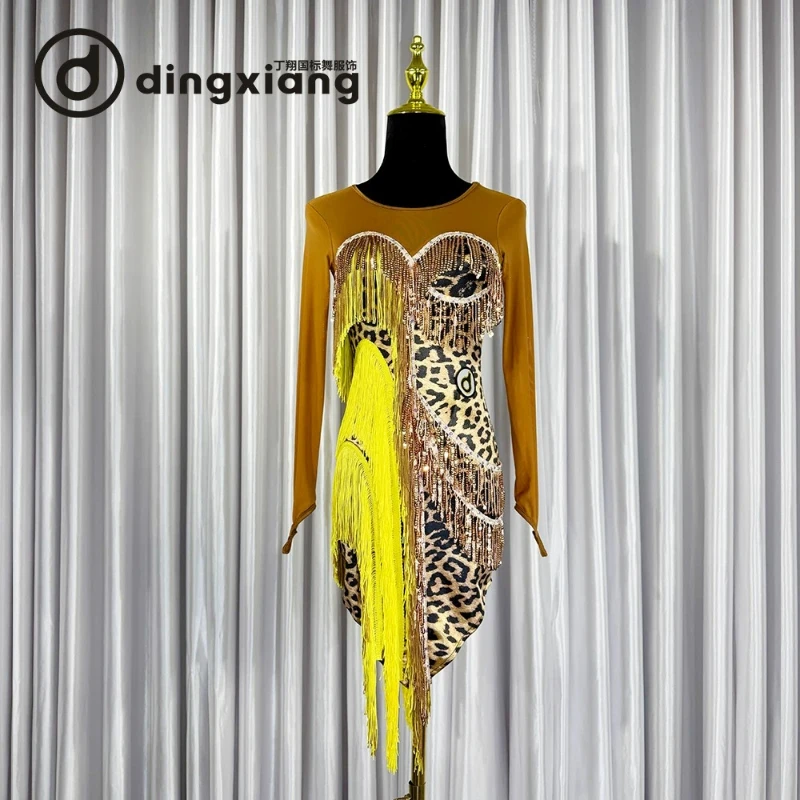 Leopard Latin Dance Performance DressWomen's Sexy Outdoor Banquet Hall Party Tassel Skirt Sports Practice DressBall EveningDress