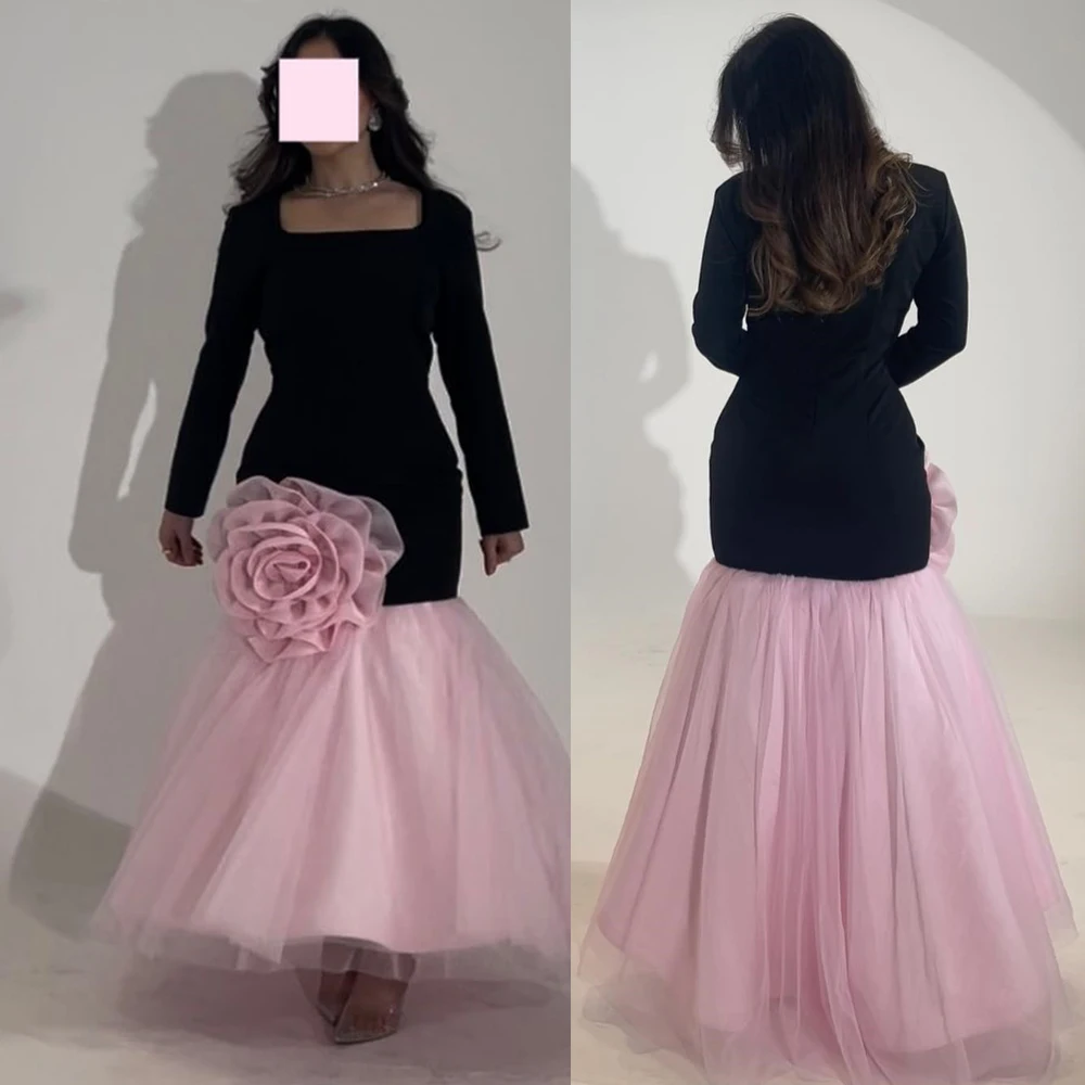 Customized Tulle Patchwork Square Neck Appliques Sexy Sheath Long Sleeve Evening Party فساتين السهرة 2023 جديده