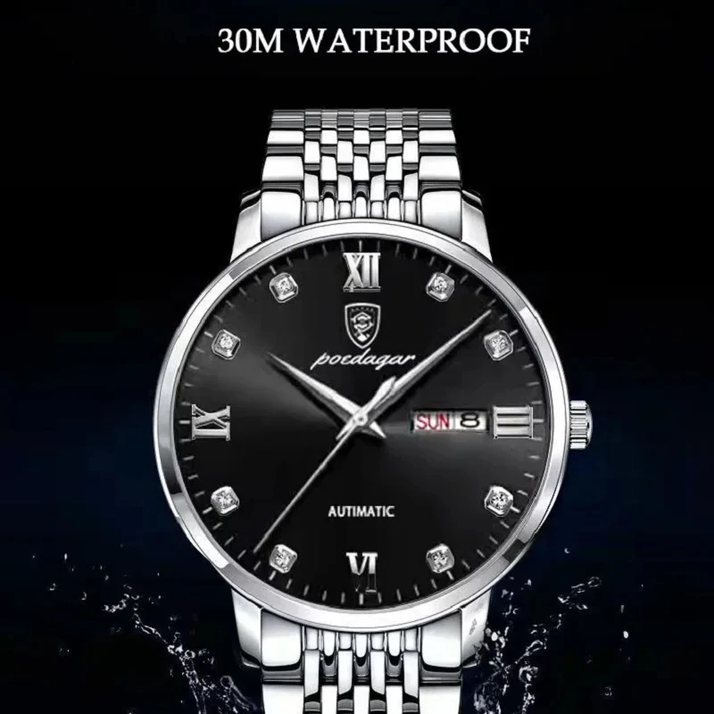 POEDAGAR Luxury Men Watch Sport Waterproof Luminous Date Week Quartz Men\'s Watches Business Stainless Steel Male Clock reloj+box