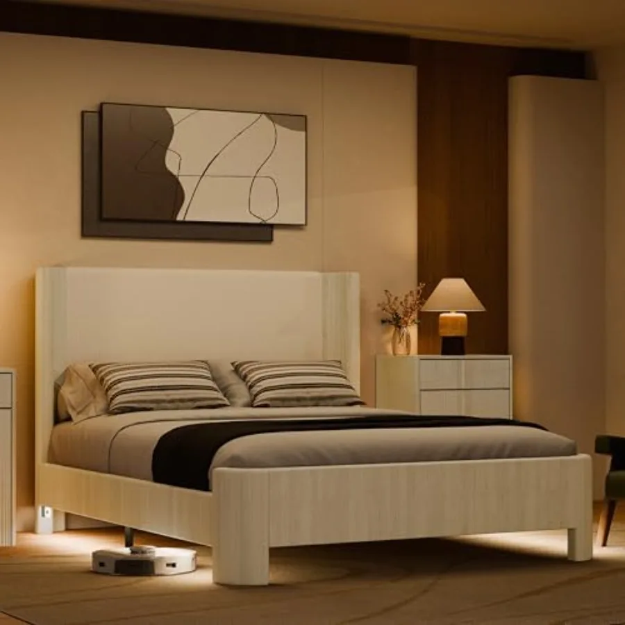 Upholstered Bed Frame with Wingback Headboard, Upgraded Platform Bed with Integrated LED Lighting, 9-Point Support Base, Simpli