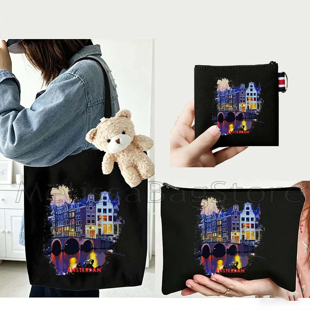 

4PCS Gift Set Amsterdam Netherlands Black Canvas Tote Bag Handbag with Doll Key Coin Purse Cosmetic Makeup Toilet Bag Case Pouch