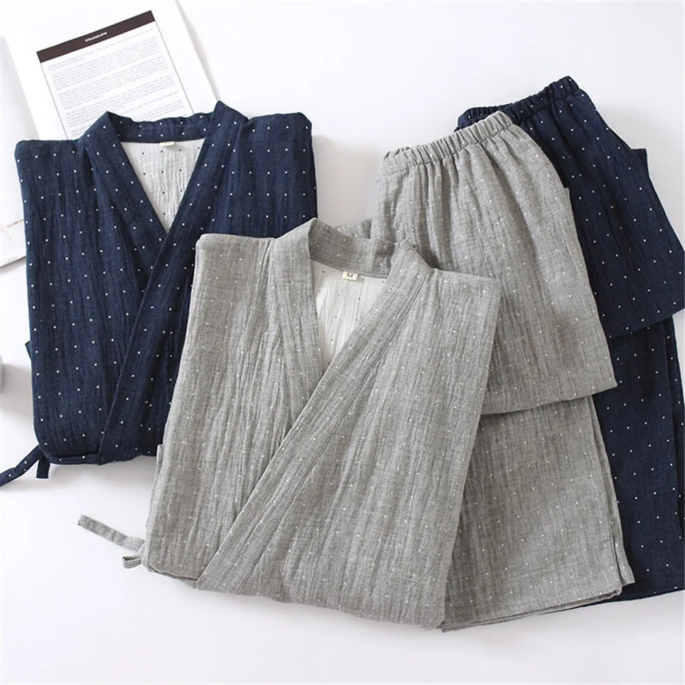 Men's Spring Autumn Polka Dot Print Kimono Robes Long Pants Pajamas Set Home Clothes Cotton Loose Pijama Clothes Kimono