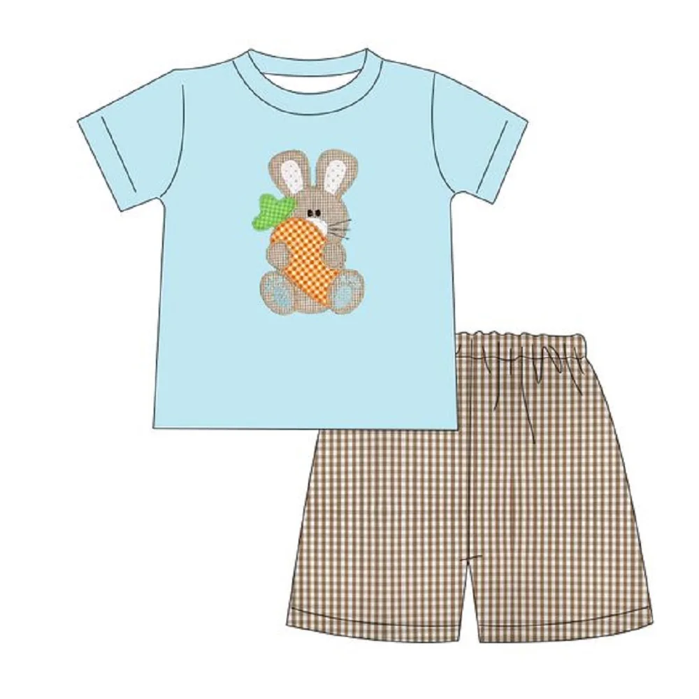 Boys Summer Easter Cute Cartoon Rabbit and Carrot Printed Blue Top Light Brown Shorts Boutique Set