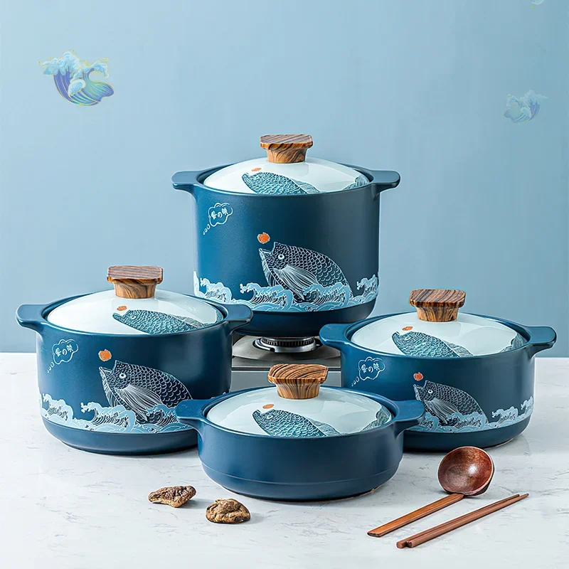 Ceramic Casserole Creative Fish Pattern Soup Pot Big Saucepan 2-5L Cooking Pot Cooking Utensils Kitchen Pan Korean Cookware