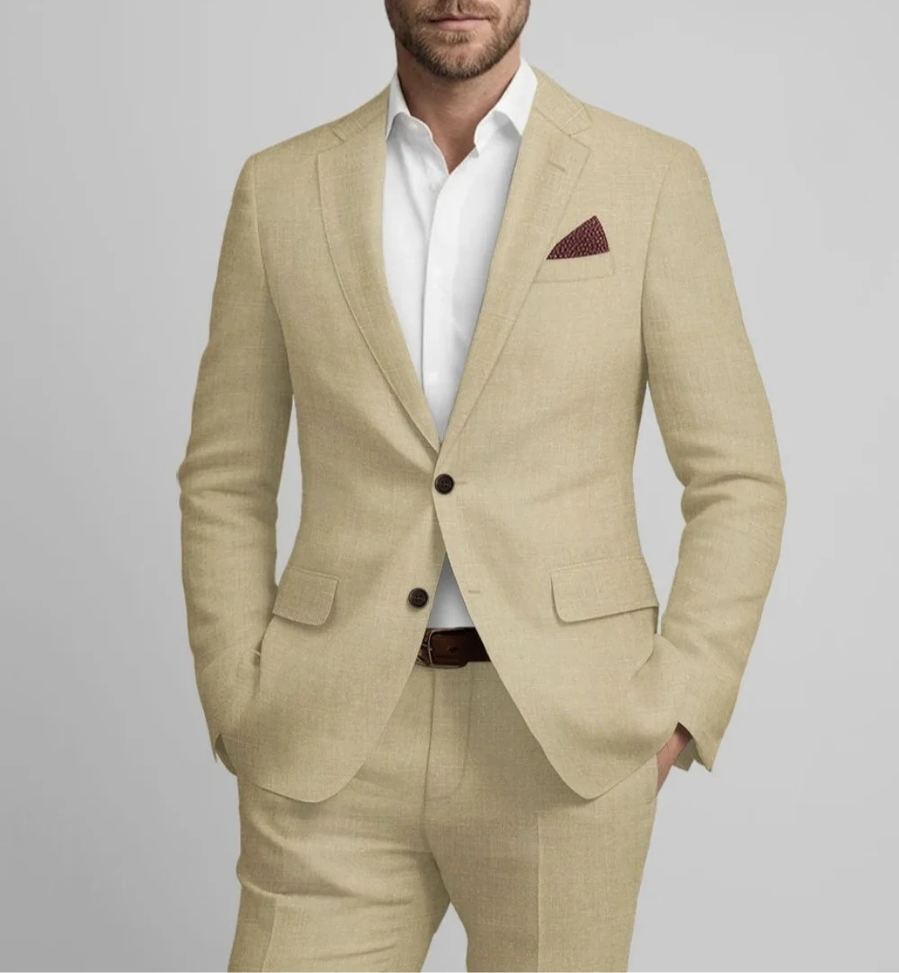 Refined Beige Linen Mens Formal 2Pcs Suit With Slim Cut Blazer And Matching Trousers Elegant Business And Wedding Attire For Men