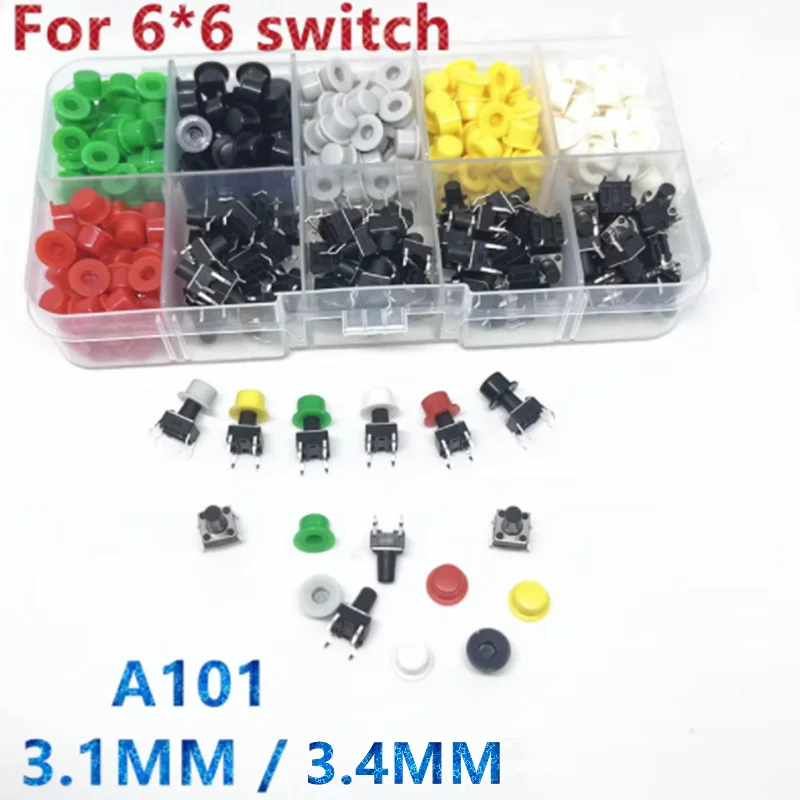 8 أنواع = 380 قطعة/الوحدة A101 البلاستيك التبديل زر قبعات دفع مفتاح قبعات متعدد الألوان شكل قبعة + 6*6 جولة اللباقة التبديل