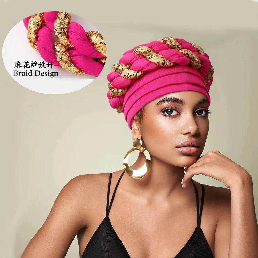 2024 Summer Muslim New Hat Turban Modal Hijab Three-layer Space Layer Golden Braid Sequin Hat Scarf Middle East Malay