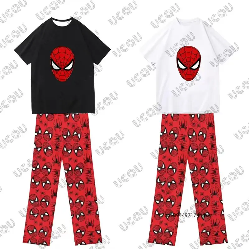 

Autumn New Men's Tracksuit Spider-Man Print Short Sleeve T-shirt+Pajamas Pants Sets Casual Suit Fashion Couples 2 Piece Outfits