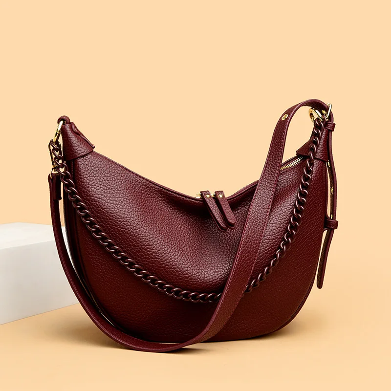 New Fashion Women Hobos Shoulder Bags Large Capacity Chain Design Ladies Handbag PU Leather Female Crossbody Bag Casual Burgundy