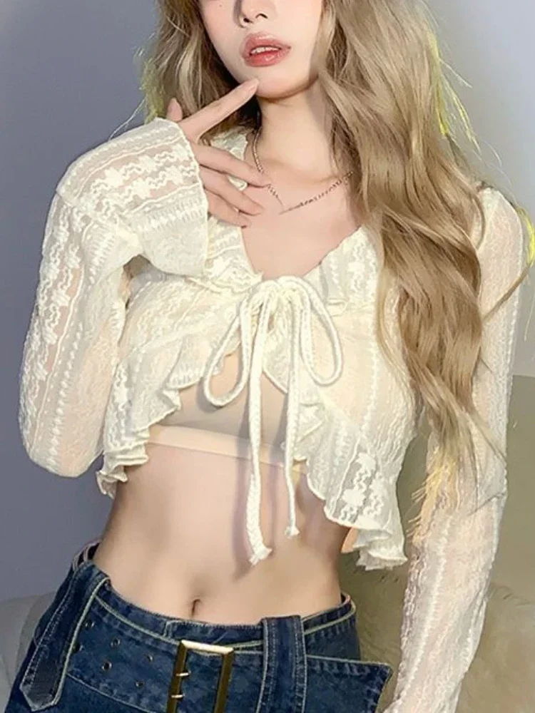 

Pure Colour Kawaii Vintage Cardigan Women Ruffles Lace Japanese Sweet Tops Female Flare Sleeve Chic Korean Casual Clothing New