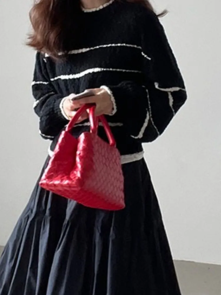 Chic automne hiver paresseux Sle rond Ne couleur Blo rayé Design ample décontracté Long Sve sur la tête pull pour les femmes