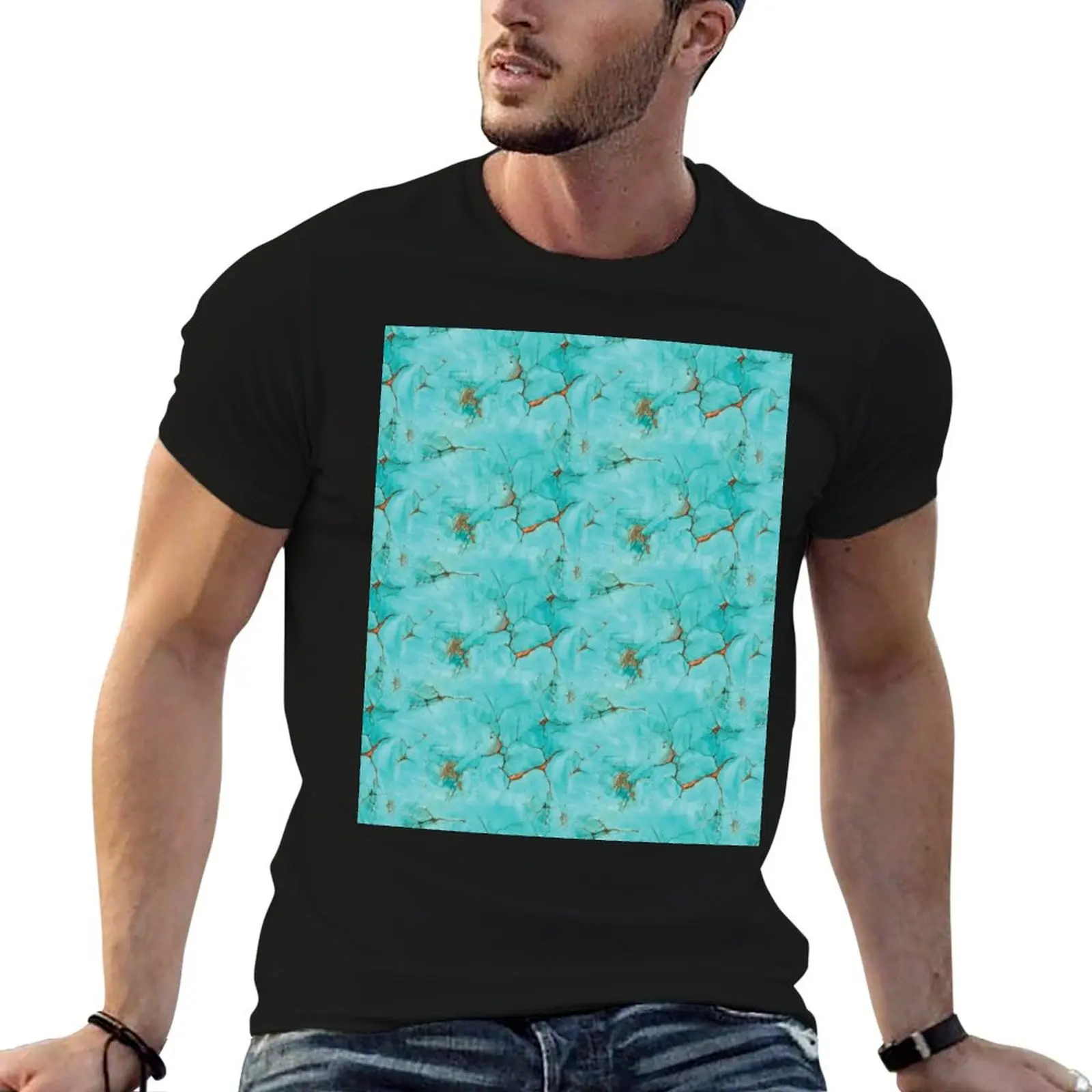Hand painted turquoise design T-Shirt Work Outdoor Short Sleeve Tee