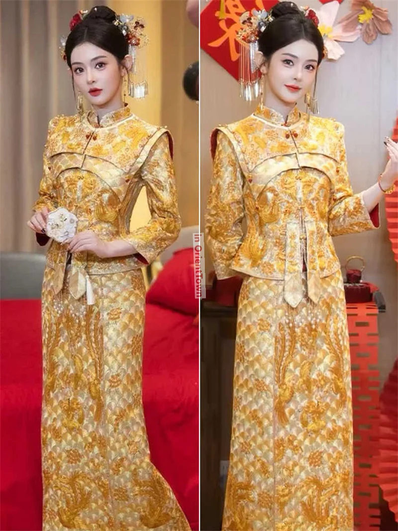 خمر الذهب الرسمي العروس فتاة بلايز + تنورة رائع في OrientTown فستان الزفاف قوانغدونغ التطريز الملابس التقليدية TP048