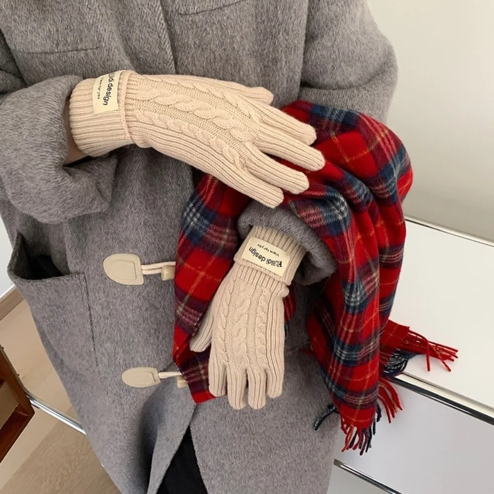 Polyester Cable Knitted Gloves Solid Color Long Cuff Design Touch Screen Gloves Warm Lining One Size Cold Proof Gloves Winter