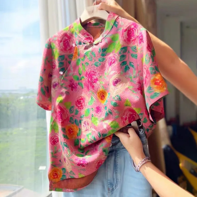 

Women's Plus Size New Chinese Style Blouse Summer Floral Print Mandarin Collar Short Sleeve Shirt Ethnic Tang Suit Top for Mom