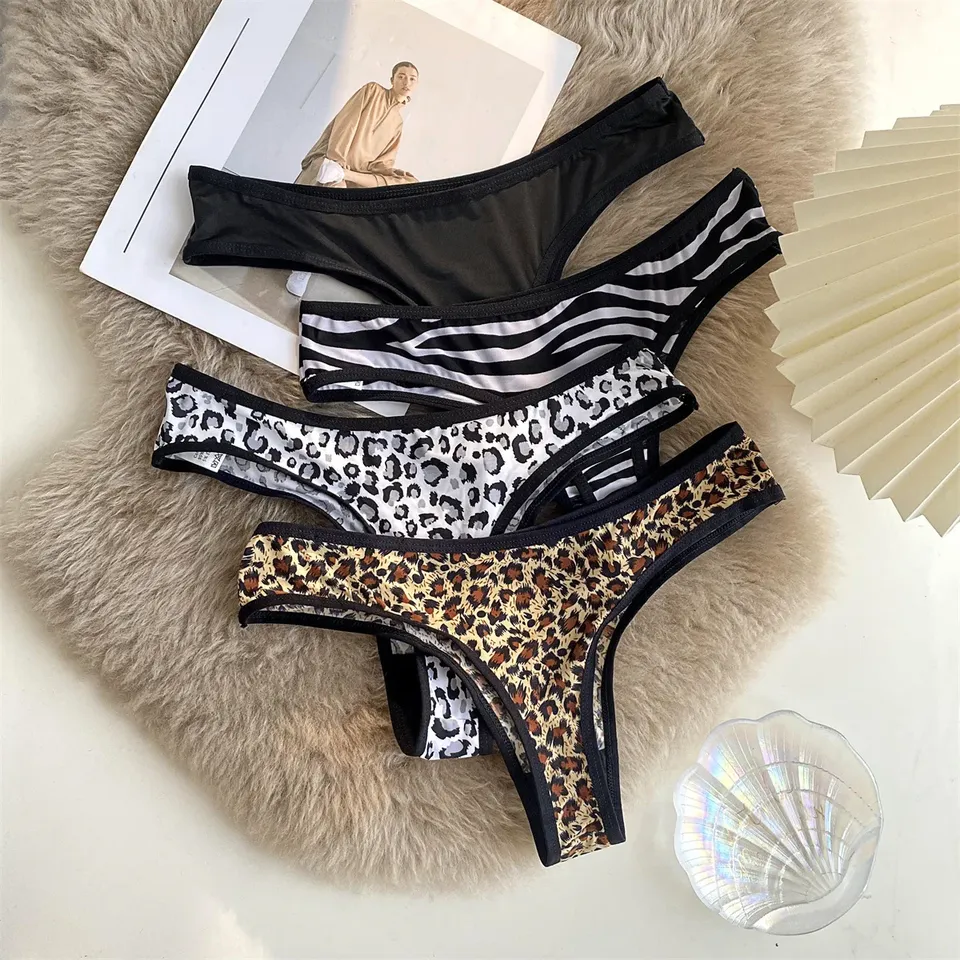  Women Low Waist Lace Panties Leopard-print Sexy Underwear Women Seamless Silk Cotton Hollow Out Thongs Female Briefs Underwear 