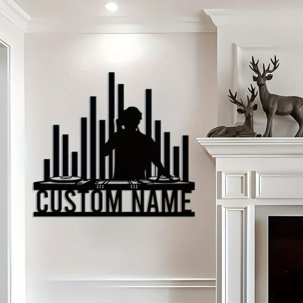 2D Flat 1PC Personalized DJ Metal Plaque Custom Text Vinyl & Soundwave Design Easy To Hang Music Art Decor