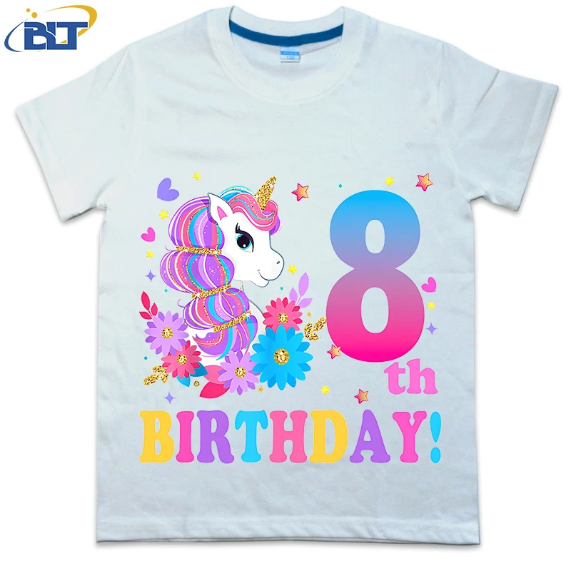 

8th Birthday Girl Flower Unicorn printed kids T-shirt, summer cotton short-sleeved casual top, suitable for both boys and girls