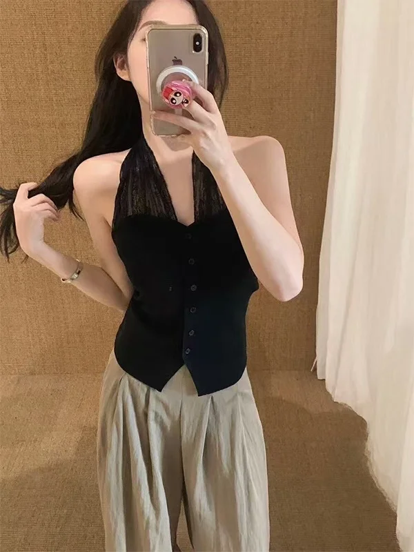 

Женский черный топ с бретелькой на шее, кружевная трикотажная майка с пуговицами спереди, элегантный роскошный базовый жилет, универсальный