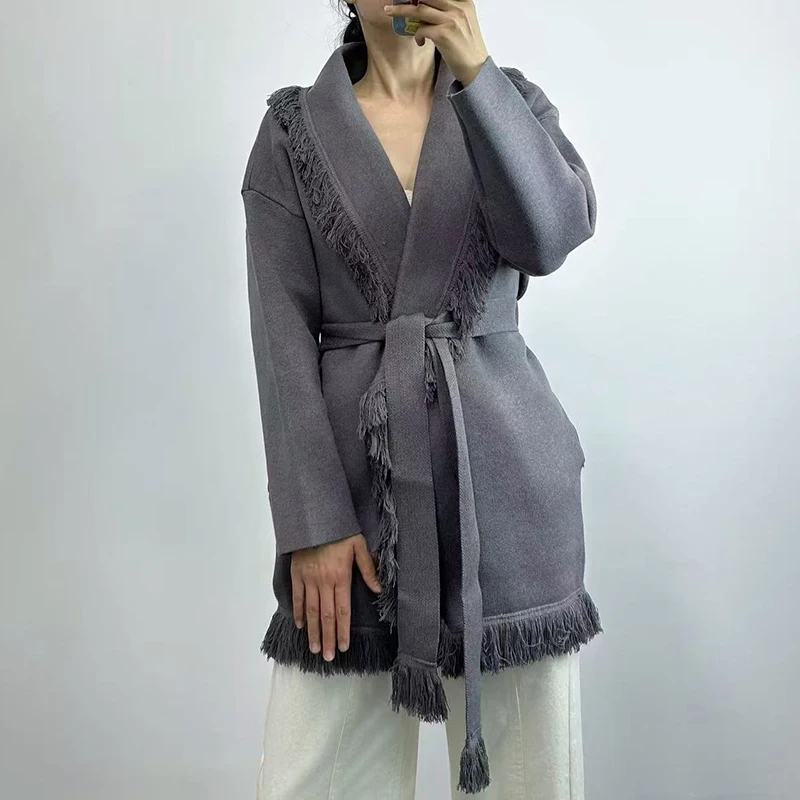 Ladies fringed long wool knit cardigan, retro loose lapel long sleeve coat, high quality, autumn, new style, 2025.