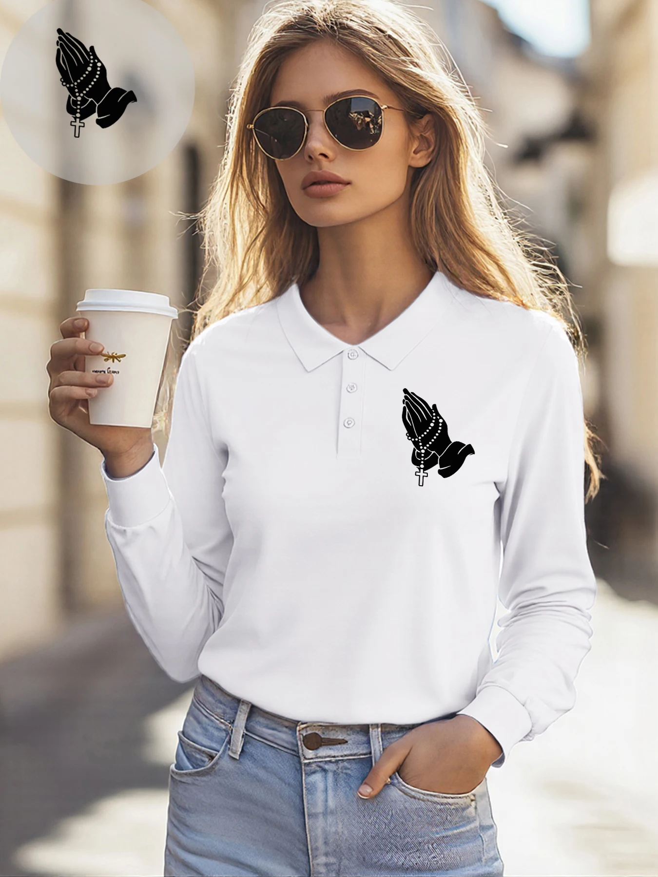 Mani in preghiera con stampe incrociate T-shirt da donna Polo da lavoro morbida All-Match Risvolto Streetwear Autunno Hip Hop Manica lunga