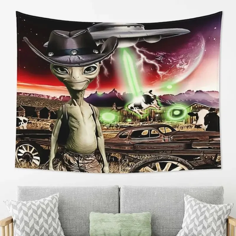 VIKAMA Weird Cowboy Alien Tapestry UFO Abduct Cow Western Desert Farm Retro Car Galaxy Sky Wall Hanging Novelty Wall Decor for I