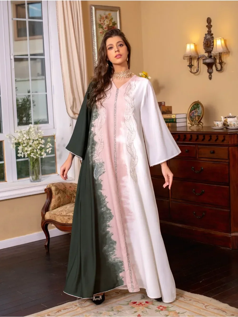 Eid Muslim Morocco Dress for Women Abaya Jalabiya Diamond V Neck Party Dresses Dubai Abayas Kaftan Islam Vestidos Arab Robe 2023