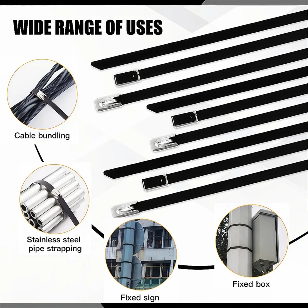 4.8x200mm 304 Stainless Steel Cable Ties 50pcs, Epoxy Coated Self-Locking for Diverse Applications