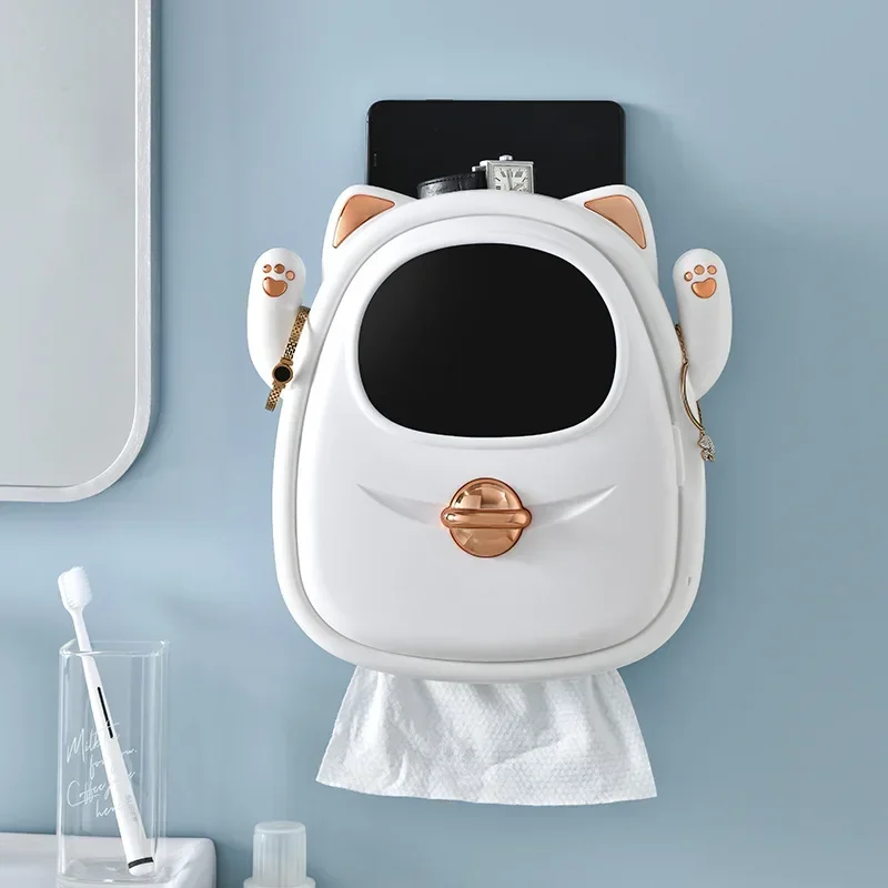 Wall Mount Cat Toilet Paper Holder Waterproof Tray Roll Tube Tissue Box Drawer Tissue Holder Bathroom Storage Shelves